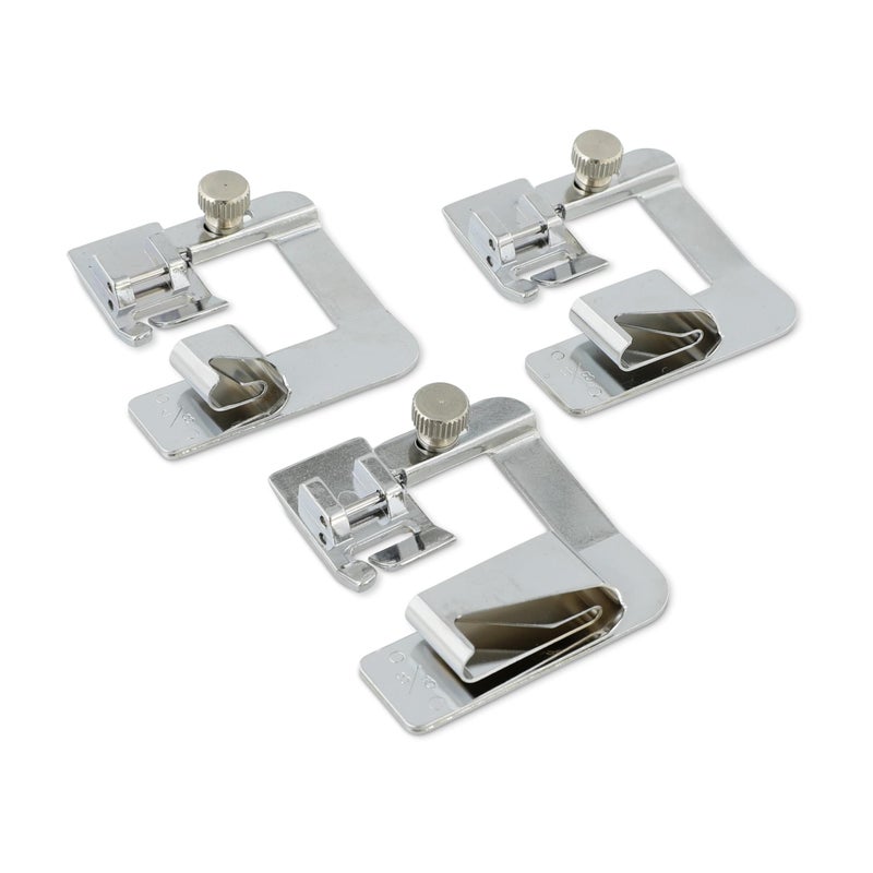 Madam Sew Rolled Hem Presser Foot Set â€“ 3 Piece Wide Hemming Foot Kit Includes 1/2â€, 3/4" & 1â€ Presser Feet â€“ Rolled Hem Foot Compatible with Most Models of Singer, Brother, Babylock, Euro-Pro, Janome - Image 1